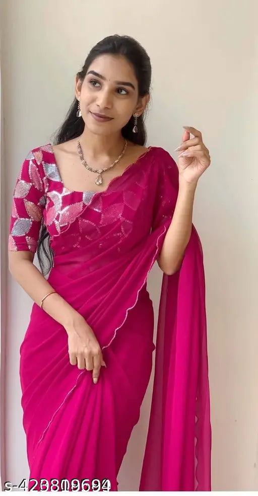 Georgette saree with sequin blouse, Indian designer aari work border, free size, solid georgette & printed net blend