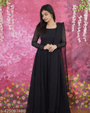 Georgette gown with 2m gold-lace dupatta, Indian handcrafted formal wear for S-XXL sizes
