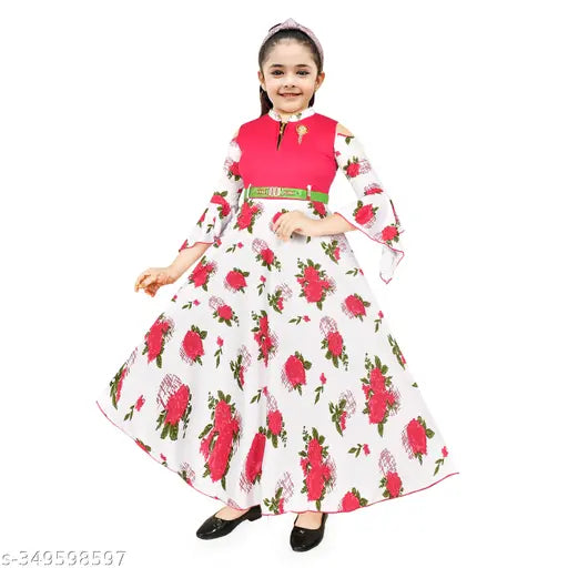 Printed cotton blend maxi dress for girls, A-line style with three-quarter sleeves. Available sizes: 5-6 Years, 6-7 Years, 7-8 Years, 8-9 Years, 9-10 Years. Made in India