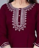 Rayon maroon embroidered three-quarter sleeve gown for women, size S (36in bust, 48in length)