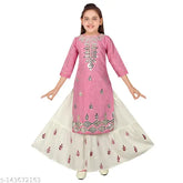 Pink and blue cotton blend mirror work embroidered kurta & sharara set for girls aged 4-14, made in India