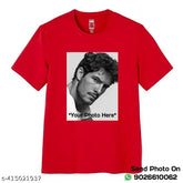 Red personalized polyester half-sleeve round neck t-shirt for men with printed design, close-up view