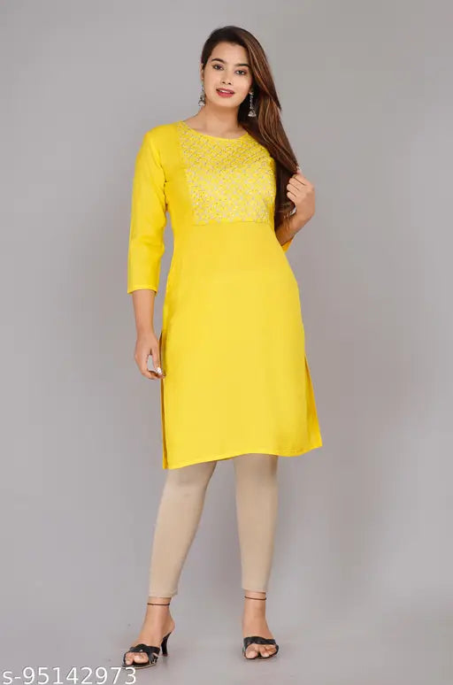 Rayon, embroidered yellow straight kurta with three-quarter sleeves, India origin