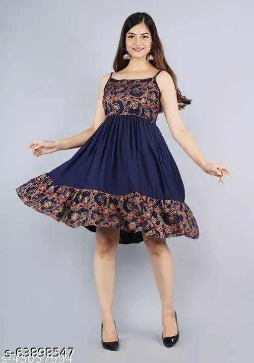 Blue GCC High Demandable Rayon 1 Pic Dress - Sleeveless, comfortable cotton rayon dress with printed combo, ideal for any woman. Made in India