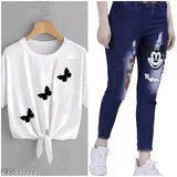 Cotton blend T-shirt with denim jogger jeans combo pack 2 for women & girls - sleeveless, trendy & stylish