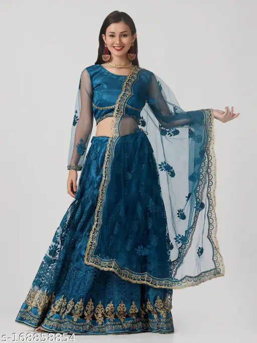 Floral embroidered net lehenga choli and dupatta set, semi-stitched with diamond lace work. Free size, 44in waist, 42in length