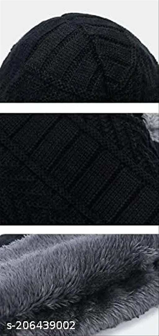 Black wool beanie cap, trendy unisex design for winter, warm and stylish for men & women (Made in India)