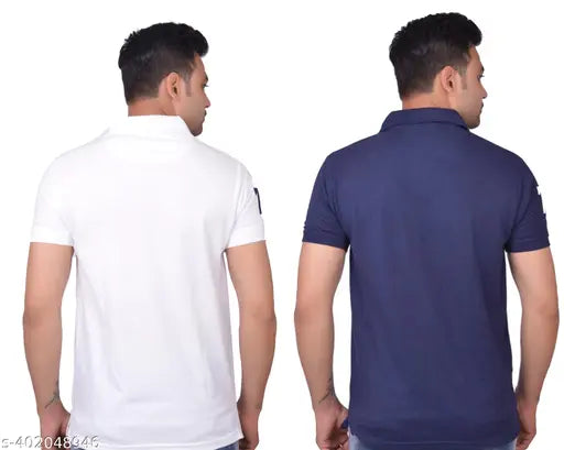 Cotton blend polo neck t-shirts with pockets (2pcs), short sleeves, subtle prints, ribbed closures & La Milano branding