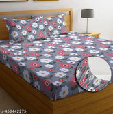 Soft Glace cotton double bed sheet & pillow covers (72x78x8 inches), floral print, elastic fitted, ideal for summer