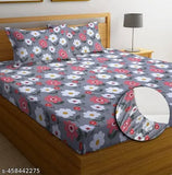 Soft Glace cotton double bed sheet & pillow covers (72x78x8 inches), floral print, elastic fitted, ideal for summer