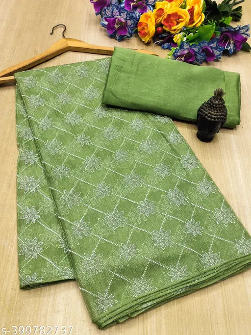 Best-seller net saree with solid blouse, embroidered design, trending chiffon Party Wear, handcrafted in India