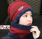 Maroon textured acrylic unisex winter beanie cap with face cover, ideal for cold weather
