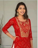 Red and gold printed festive women's kurta set with sharara