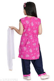 Pink cotton sleevless kurti Patiala set with dupatta for kids, printed pattern and straight top shape, size 3-4 years, India origin