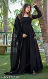 Black Georgette Anarkali Gown with Dupatta, floral print, suitable for weddings or parties. Indian-origin ethnic women's dress