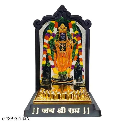 Fiber Ram Lalla idol temple with gold-toned Charan Paduka, religious art piece for car decor from India