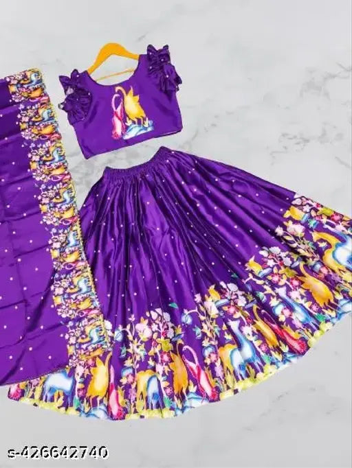 Kids satin lehengha choli with floral print, sleeveless and stitched net. Indian kids' traditional wear for ages 0-12 years (size range provided)