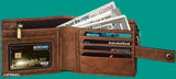 Brown premium genuine leather RFID wallet, 15 card slots, textured pattern, hand-stitched classic design