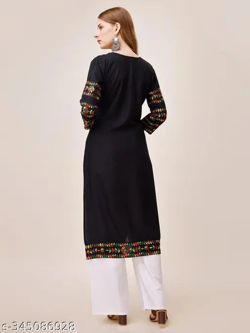 Black embroidered Rayon kurta & palazzo set, intricate floral design, traditional Indian women's wear, A-line silhouette