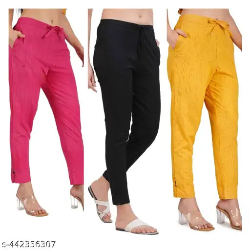 Cotton blend solid-colored pant combo: yellow, pink, black in various sizes (S-4XL), daily wear & party wear from India