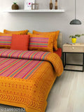 Yellow striped cotton flat sheets set with 2 pillow covers, ideal for summer adult use. Made in India