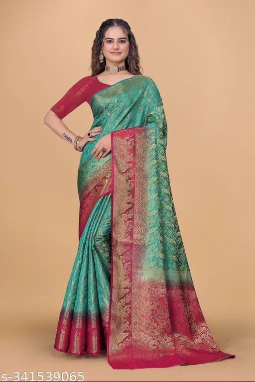 Kanjiveram silk saree with zari woven & running blouse, traditional Indian attire in free size (5.5m saree, 0.8m blouse)