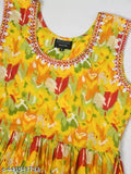 Yellow cotton sleeveless gown for women and girls, printed combo, available in XXL & XXXL sizes