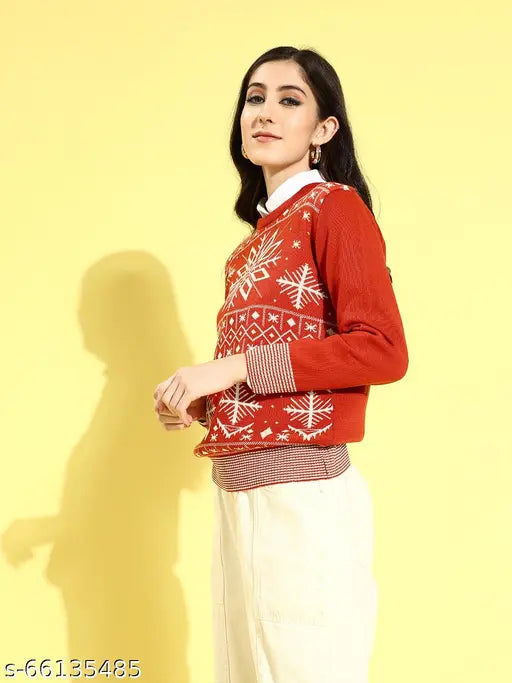Red printed polycotton long-sleeve women's sweater with Christmas theme, ribbed hem - Urbane Ravishing brand