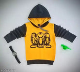 Cotton blend kids hoodies with monkey chest print, suitable for 4-11 years old on display
