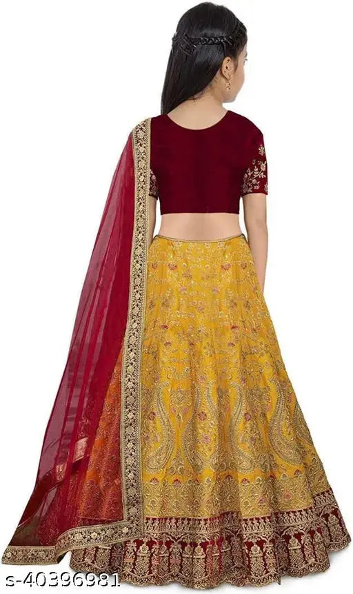 Taffeta silk Lehenga Choli with embroidered patterns, suitable for Haldi ceremony, Indian baby fashion accessory