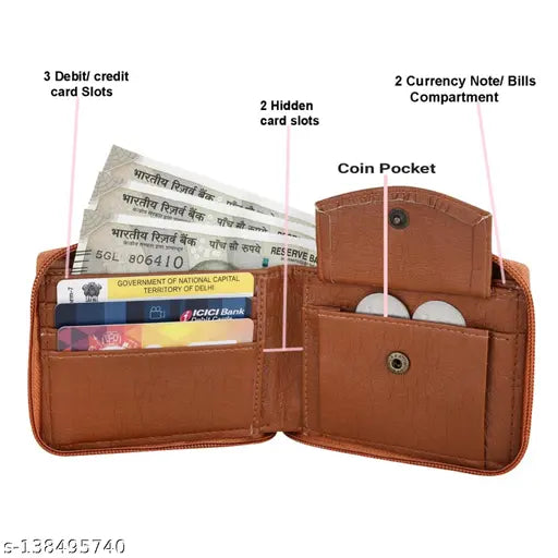Tan faux leather round wallet, perfect for organizing cards and currency. Solid pattern, spill-proof design, and capacious storage with three card slots, coin pocket, and two main pockets. Zip closure for added security. Wallet from ZOSTER