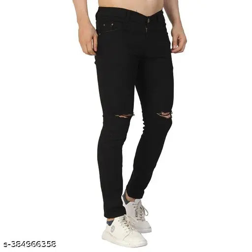 Black denim men's knee-cut distressed slim fit stretchable jeans, perfect for a versatile and comfortable style. Available in sizes 28, 30, and 32. Made in India