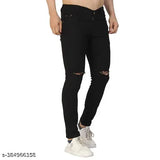 Black denim men's knee-cut distressed slim fit stretchable jeans, perfect for a versatile and comfortable style. Available in sizes 28, 30, and 32. Made in India