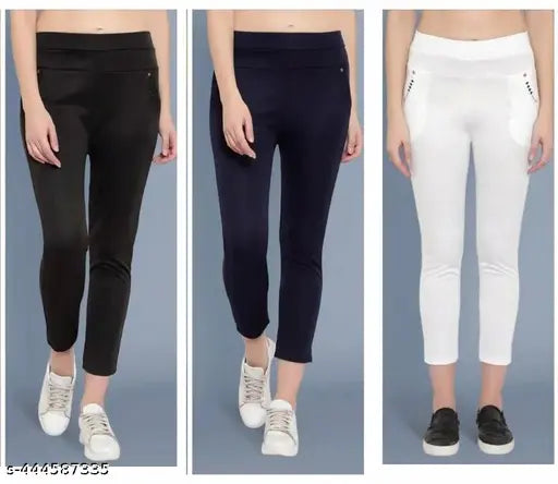 BlackBlueWhite Lycra jeggings combo pack for women's workwear, solid net pattern with pockets