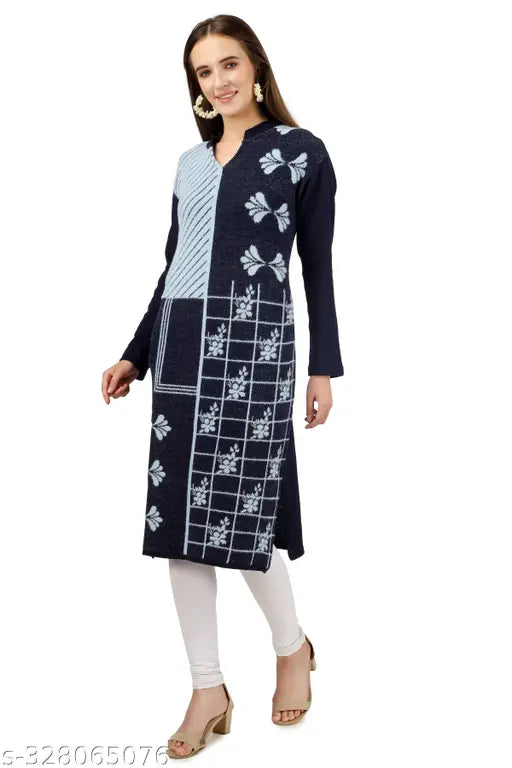 Women's printed woolen kurti in three-quarter sleeves, vibrant Indian print, sizes L, XL, XXL