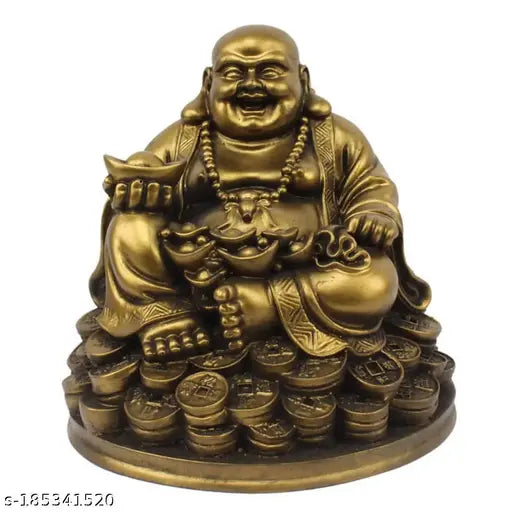 Laughing Buddha resin figurine with golden ingot and luck money coins, handmade, 5 inches tall. Indian spiritual decor for home or gifting