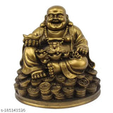 Laughing Buddha resin figurine with golden ingot and luck money coins, handmade, 5 inches tall. Indian spiritual decor for home or gifting