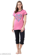 Pink and navy cotton printed nightwear pajama set for women, calf-length with 1N quantity by ONCH Garments, India