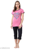 Pink and navy cotton printed nightwear pajama set for women, calf-length with 1N quantity by ONCH Garments, India