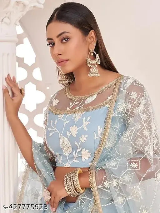 Sky blue semi-stitched embroidered lehenga choli and dupatta set, net fabric with intricate Indian embroidery