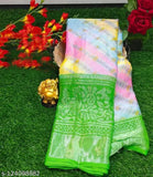 Rachna Green Chiffon Brasso Saree with printed net blouse, free size, India-made