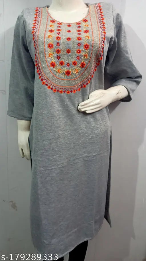 Grey embroidered wool kurti, stylish camellia design for women's trendy wardrobe. Indian origin, suitable for day/wedding/casual wear." (125 characters)