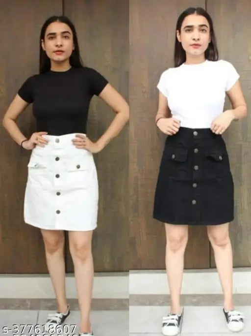 Denim mini skirt set, black and white, classy knee length for women on hanger