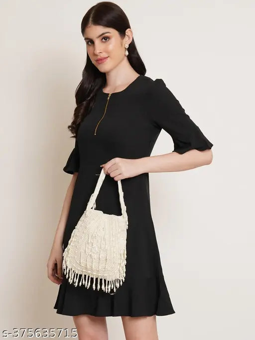 Off white hand-embroidered fabric clutch purse, intricate net pattern, free size (8x9 in), luxury accessory for special occasions - made in India