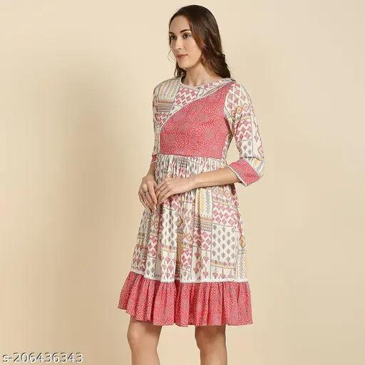 Rayon floral print short kurti, three-quarter sleeves, ideal for parties and festivals. Made in India