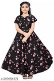 Black floral print crepe maxi dress, girls' flared sleeves and knee-length design, perfect for casual occasions