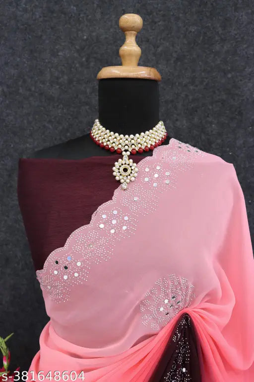Bollywood Georgette stones saree, solid-patterned silk with colorblocked embroidery, India origin