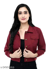Denim maroon jacket, premium cotton blend, long sleeves, solid design for versatile wear