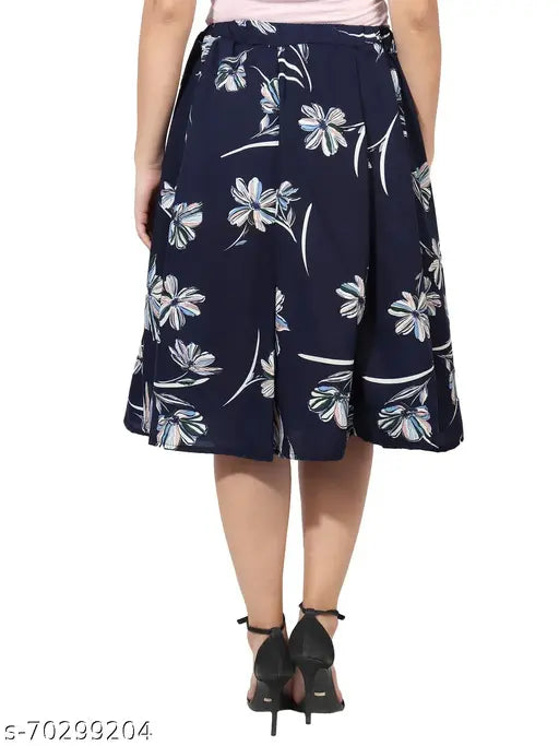 White floral blue heart print mid calf length women's IBPanel polyester skirt combo, Indian-made crepe skirt with 27" length and sizes ranging from 26 to 34