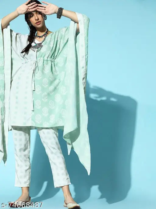 Cream rayon kaftan-style kurta & pants set, printed with digital creme and green motifs, V-neck, three-quarter sleeves